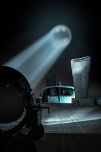 Alex Israel, Bat-Signal, 2019. Rented WWII-era spotlight modified with Batman logo, dimensions variable Installation view, MAMO–Marseille Modulor, France © Alex Israel