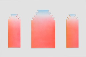 Alex Israel, Untitled (Flats), 2014–15. Acrylic and stucco on aluminum, in 3 parts, left and right, each: 84 × 30 inches (213.4 × 76.2 cm), center: 96 × 60 inches (243.8 × 152.4 cm), Solomon R. Guggenheim Museum, New York © Alex Israel