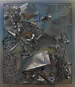 Anselm Reyle, Mystic Silver, 2011. Mixed media on canvas, steel frame, effect lacquer, 5 1/16 × 44 15/16 inches, framed 58 ⅜ × 49 15/16 inches, (135 × 114 cm, framed 148 × 127 cm)