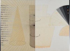 Arakawa, Waiting Voices, 1976–77. Acrylic, graphite, marker, and varnish on canvas and linen, in 2 parts, overall: 70 × 96 inches (177.8 × 243.8 cm) © 2021 Estate of Madeline Gins. Reproduced with permission of the Estate of Madeline Gins