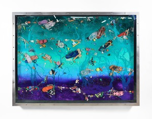 Ashley Bickerton, Flotsam Painting: Green Sky, 2019. Beach flotsam, oil, and acrylic on canvas with plywood, glass, and stainless steel, 61 × 84 ⅝ × 8 ½ inches (155 × 215 × 21.5 cm) © Ashley Bickerton
