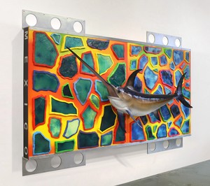 Ashley Bickerton, Wall-Wall (Wild Mexico), 2017. Oil, acrylic, and metal-flake enamel on resin and fiberglass on plywood with brushed aluminum with found objects, 59 ⅛ × 118 ⅛ × 7 ⅛ inches (150 × 300 × 18 cm) © Ashley Bickerton