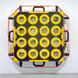Ashley Bickerton, Wild Gene Pool: Ark No.3, 1990 Wood, anodized aluminum, rubber, leather, rope, mountaineering harness, and wild seeds, 77 ½ × 79 × 14 ¼ inches (196.9 × 200.7 × 36.2 cm)© Ashley Bickerton