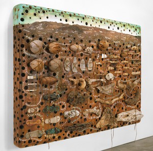 Ashley Bickerton, Landscape with Green Sky, 2002. Photo collage, acrylic, and objects on wood, 72 × 96 × 14 ½ inches (182.9 × 243.8 × 36.8 cm) © Ashley Bickerton