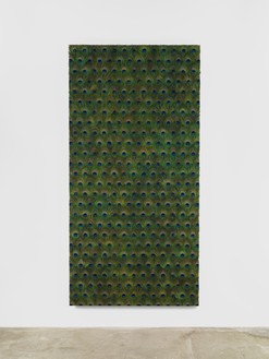 Carol Bove, Untitled, 2014 Peacock feathers on linen with UV-filtering acrylic, 96 ½ × 48 ½ × 5 inches (245.1 × 123.2 × 12.7 cm)© Carol Bove. Photo: Maris Hutchinson