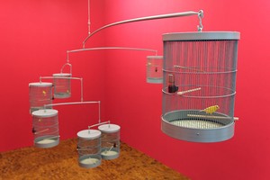 Carsten Höller, Singing Canaries Mobile, 2009. Powdercoated steel construction, wood, PVC, Dimensions variable