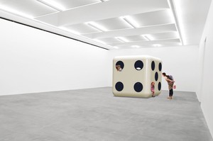 Carsten Höller, Dice (White Body, Black Dots), 2014. Glass reinforced polyester resin / fiberglass, and poplar plywood on expanded poly-styrene core and mechanical connectors, 94 ½ × 94 ½ × 94 ½ inches (240 × 240 × 240 cm)
