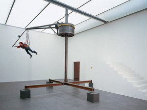 Carsten Höller, Flugmaschine (Flying Machine), 1996. Steel, electric motor, cable connections, paragliding harnews, grip, wood, Scanachrome on PVC, Approx. 196 ⅞ × 236 3/16 × 236 3/16 inches (500 × 600 × 600 cm)