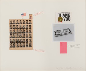 Chris Burden, Thank You, 1979. Black-and-white photograph, color photograph, nail, gold foil, fabric, painted paper collage, and felt-tip pen on board, 32 × 40 inches (81.3 × 101.6 cm) © 2018 Chris Burden/Licensed by the Chris Burden Estate and Artists Rights Society (ARS), New York