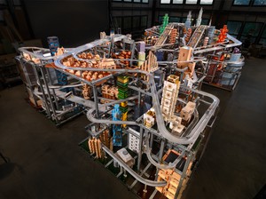 Chris Burden, Metropolis II, 2006–10. 3 hp DC motors with motor controllers, 1080 custom manufactured die-cast cars, HO-scale train sets with controllers and tracks, steel, aluminum, shielded copper wire, copper sheet, brass, various plastics, assorted woods and manufactured wood products, Legos, Lincoln Logs, Dado Cubes, glass, ceramic and natural stone tiles, acrylic and oil-base paints, rubber, and sundry adhesives, 117 × 339 × 230 inches (297 × 861 × 584 cm) © 2018 Chris Burden/Licensed by the Chris Burden Estate and Artists Rights Society (ARS), New York