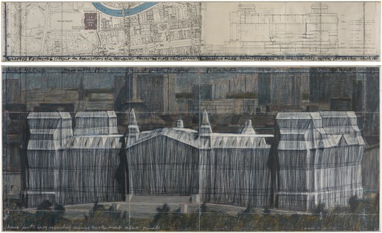 Christo, Wrapped Reichstag (Project for Berlin), 1987 Graphite, charcoal, pastel, wax crayon, map, and architecture survey on paper, in 2 parts. overall: 57 × 96 ⅛ inches (144.6 × 244 cm)© Christo and Jeanne-Claude Foundation. Photo: Annik Wetter