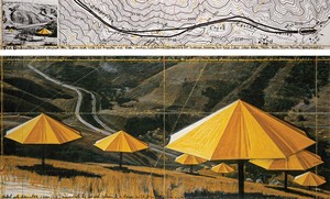 Christo, The Umbrellas (Joint Project for Japan and USA), 1988. Pencil, pastel, charcoal, wax crayon, enamel paint, photograph by Wolfgang Volz, and topographic map on paper, in 2 parts, top: 15 × 96 inches (38 × 244 cm), bottom: 42 × 96 inches (106.6 × 244 cm) © Christo and Jeanne-Claude Foundation. Photo: Wolfgang Volz