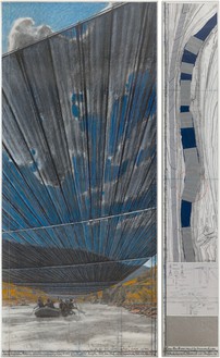 Christo, Over the River (Project for the Arkansas River, State of Colorado), 2010 Graphite, charcoal, pastel, wax crayon, enamel paint, hand-drawn topographic map on vellum paper, technical drawings, fabric sample, and tape on paper, in 2 parts, 96 ⅛ × 57 inches (244 × 144.6 cm)© Christo and Jeanne-Claude Foundation. Photo: Annik Wetter