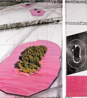 Christo, Surrounded Islands (Project for Biscayne Bay, Greater Miami, Florida), 1983 Graphite, charcoal, pastel, wax crayon, enamel paint, aerial photograph by Wolfgang Volz, and fabric sample on paper, in 2 parts, overall: 65 × 58 inches (65.1 × 147.3 cm), National Gallery of Art, Washington, DC© Christo and Jeanne-Claude Foundation. Photo: André Grossmann
