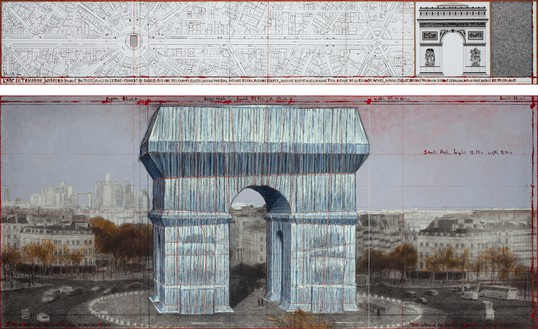 Christo, L’Arc de Triomphe, Wrapped (Project for Paris), 2020 Pencil, charcoal, pastel, wax crayon, enamel paint, architectural drawing, map, and fabric sample on paper, in 2 parts, top: 15 × 96 inches (38 × 244 cm), bottom: 42 × 96 inches (106.6 × 244 cm)© Christo and Jeanne-Claude Foundation. Photo: André Grossmann