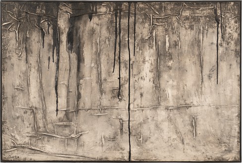 Christo, Surface d’Empaquetage, 1960 Paint, lacquer, and sand on fabric mounted on board, 37 × 54 inches (94 × 137 cm)© Christo and Jeanne-Claude Foundation. Photo: Wolfgang Volz
