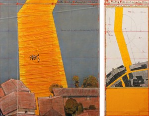 Christo, The Floating Piers (Project for Lake Iseo, Italy), 2015. Pencil, charcoal, pastel, wax crayon, enamel paint, fabric, cut-out photographs by Wolfgang Volz, hand-drawn technical data, and fabric sample on paper, in 2 parts, left: 30 ½ × 26 ¼ inches (77.5 × 66.7 cm), right: 30 ½ × 12 inches (77.5 × 30.5 cm) © Christo and Jeanne-Claude Foundation. Photo: André Grossmann