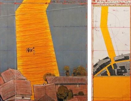 Christo, The Floating Piers (Project for Lake Iseo, Italy), 2015 Pencil, charcoal, pastel, wax crayon, enamel paint, fabric, cut-out photographs by Wolfgang Volz, hand-drawn technical data, and fabric sample on paper, in 2 parts, left: 30 ½ × 26 ¼ inches (77.5 × 66.7 cm), right: 30 ½ × 12 inches (77.5 × 30.5 cm)© Christo and Jeanne-Claude Foundation. Photo: André Grossmann