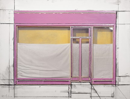 Christo, Store Front Project, 1964 Wood, plexiglass, paper, fabric, pencil, charcoal, enamel paint, wire mesh, and electric light, 48 ⅛ × 63 × 4 inches (122.2 × 160 × 10.2 cm), Museum of Modern Art, New York© Christo and Jeanne-Claude Foundation. Photo: Eeva-Inkeri