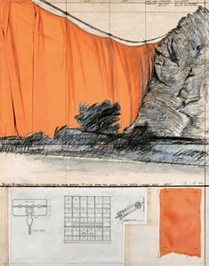 Christo, Valley Curtain (Project for Colorado), 1971. Pencil, fabric, wax crayon, hand-drawn technical data, fabric sample, tape, and staples on paper, 28 × 22 inches (71 × 56 cm) © Christo and Jeanne-Claude Foundation. Photo: Shunk-Kender
