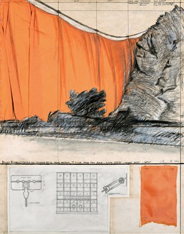 Christo, Valley Curtain (Project for Colorado), 1971 Pencil, fabric, wax crayon, hand-drawn technical data, fabric sample, tape, and staples on paper, 28 × 22 inches (71 × 56 cm)© Christo and Jeanne-Claude Foundation. Photo: Shunk-Kender