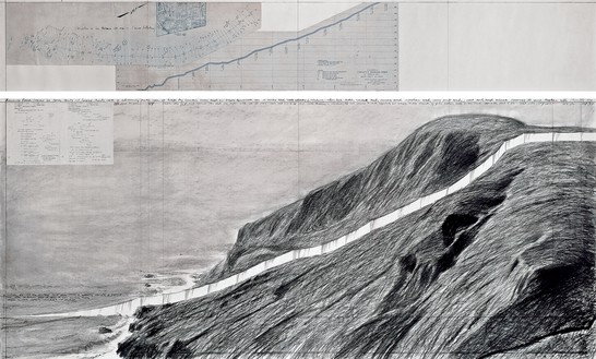 Christo, Running Fence (Project for Marin County and Sonoma County, State of California), 1976 Pencil, charcoal, pastel, wax crayon, technical data, map, and blueprint elevation profile on paper, in 2 parts, overall: 60 × 96 5⁄8 inches (152.4 × 245.4 cm), Smithsonian American Art Museum, Washington, DC© Christo and Jeanne-Claude Foundation. Photo: André Grossmann