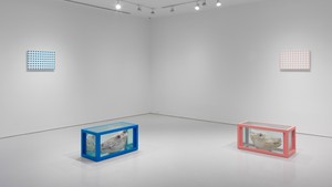 Damien Hirst, Adam and Eve, Blue for Adam and Pink for Eve, 1997–2003. Glass, steel, formaldehyde solution, cow’s head, bull’s head, and household gloss on canvas, in 4 parts, each vitrine: 18 × 38 × 18 inches (45.7 × 91.4 × 45.7 cm); each canvas: 15 × 23 inches (38.1 × 58.4 cm) © Damien Hirst and Science Ltd. All rights reserved, DACS 2018