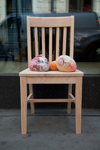 Dan Colen, MoMA chair (To be titled), 2013. Chair with 7 concrete filled whoopee cushions, red oak, and wood glue, 19 × 17 × 34 inches (48.3 × 43.2 × 86.4 cm) © Dan Colen