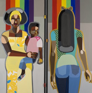 Derrick Adams, Figure in the Urban Landscape 32, 2019. Acrylic, graphite, ink, grip tape, fabric on paper collage, and model cars on wood panel, 60 × 60 inches (152.4 × 152.4 cm) © Derrick Adams Studio