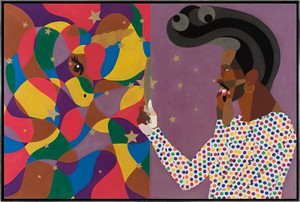 Derrick Adams Abracapocus, 2025. Acrylic and fabric collage on panel, in artist’s frame, 48 ⅜ × 72 ⅜ × 2 ½ inches (122.9 × 183.8 × 6.4 cm) © Derrick Adams Studio. Photo: John Berens