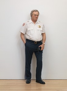 Duane Hanson, Security Guard, 1990. Autobody filler polychromed in oil, mixed media, and accessories, 71 × 26 × 13 inches (180.3 × 66 × 33 cm) © 1990 Estate of Duane Hanson/Licensed by VAGA at Artists Rights Society (ARS), New York. Photo: Rob McKeever