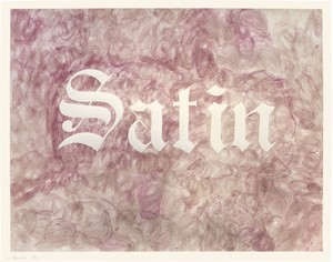 Ed Ruscha, Satin, 1971. Rose-petal stain on paper, 23 × 29 inches (58.4 × 73.7 cm) © Ed Ruscha