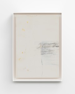Edmund de Waal, river snow, 2020. Kaolin, gold leaf, graphite, and compressed charcoal on ash, in aluminum frame, 36 ¼ × 26 × 3 inches (92 × 66 × 7.5 cm) © Edmund de Waal. Photo: Prudence Cuming Associates Ltd