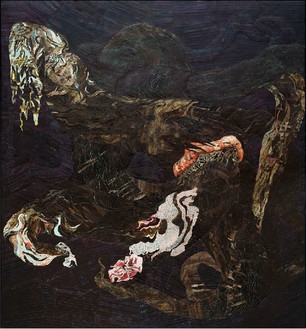 Ellen Gallagher, An Experiment of Unusual Opportunity, 2008 Ink, graphite, oil, varnish, and cut paper on canvas, 79 ½ × 74 inches (202 × 188 cm)