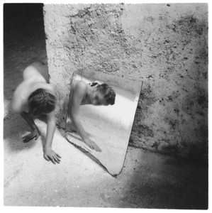 Francesca Woodman, Self-deceit #1, Rome, 1978. Vintage gelatin silver print, image: 3 ½ × 3 ½ inches (8.9 × 8.9 cm), sheet: 9 ⅜ × 7 inches (23.8 × 17.8 cm) © Woodman Family Foundation/Artists Rights Society (ARS), New York