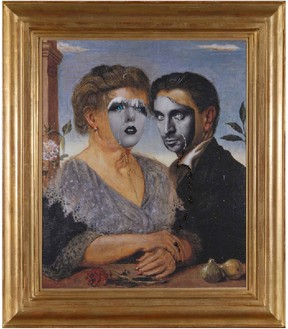 Francesco Vezzoli, Pokerface (Self portrait with Mother Gaga—After de Chirico), 2009 Inkjet print on canvas, cotton and metallic embroidery, custom jewelry, 32 ¼ × 28 ⅛ inches framed (81.9 × 71.4 cm)