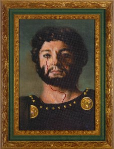Francesco Vezzoli, Chaerea Killed Caligula (Paolo Bonacelli), 2005. Oil on canvas with metallic embroidery in artist's frame, 20 ½ × 15 11/16 inches (52 × 40 cm)