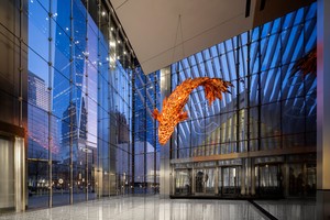 Frank Gehry Untitled (Fish on Fire, Greenwich Street), 2024. Copper and steel wire, 84 × 86 ¼ × 243 inches (213.4 × 219.1 × 617.2 cm) Installation view, 3 World Trade Center, New York © Frank O. Gehry. Photo: Lasky Films, courtesy Silverstein Properties