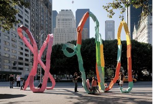 Franz West, The Ego and the Id, 2007. Lacquered aluminum, in 2 parts, pink: 236 ¼ × 165 ⅜ × 139 ¾ inches (600 × 420 × 355 cm), multicolored: 246 ½ × 208 ¼ × 170 ⅞ inches (626 × 529 × 434 cm) Installation view, Franz West: The Ego and the Id, Doris C. Freedman Plaza, New York, July 15, 2009–July 15, 2010, presented by Public Art Fund © Archiv Franz West and © Estate Franz West