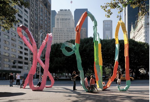 Franz West, The Ego and the Id, 2007 Lacquered aluminum, in 2 parts, pink: 236 ¼ × 165 ⅜ × 139 ¾ inches (600 × 420 × 355 cm), multicolored: 246 ½ × 208 ¼ × 170 ⅞ inches (626 × 529 × 434 cm)Installation view, Franz West: The Ego and the Id, Doris C. Freedman Plaza, New York, July 15, 2009–July 15, 2010, presented by Public Art Fund© Archiv Franz West and © Estate Franz West
