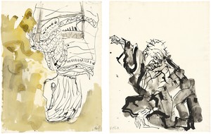 Georg Baselitz, Untitled, 2015. Ink pen, watercolor, and India ink on paper, left: 26 ⅛ × 20 inches (66.3 × 50.8 cm), right: 26 ⅛ × 20 ⅛ inches (66.2 × 50.9 cm) © Georg Baselitz