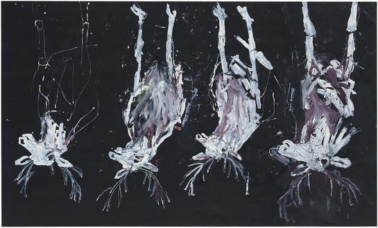 Georg Baselitz, The Painter in His Bed, 2022 Oil, dispersion adhesive, and plastic on canvas, 118 ⅛ × 196 ⅞ inches (300 × 500 cm)© Georg Baselitz. Photo: Jochen Littkemann