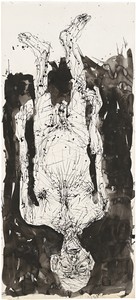 Georg Baselitz, Untitled, 2015. India ink pen and India ink on paper mounted on canvas, 130 ⅜ × 58 ½ inches (331 × 148.5 cm) © Georg Baselitz