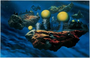 Glenn Brown, “The Pornography of Death”—Painting for Ian Curtis (copied from “Floating Cities” 1981 by Chris Foss), 1995. Oil on canvas, 86 ½ × 129 ¼ inches (220 × 328 cm) © Glenn Brown
