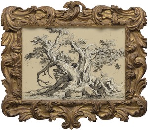 Glenn Brown, Drawing 1 (after Bloemaert), 2018. India ink and acrylic on film over panel, in likely Genoese 17th-century fully carved frame with scrolling leaves, 30 ¾ × 35 ⅛ × 2 ⅜ inches (78 × 89.3 × 6 cm) © Glenn Brown