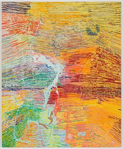 Harmony Korine, Blind Millsaps Line, 2014. House paint, oil, and collage on canvas, 102 × 84 inches (259.1 × 213.4 cm)