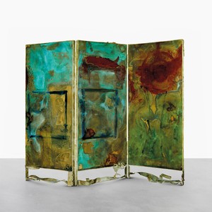Helen Frankenthaler, Gateway, 1982–88 (verso). Recto: lost-wax bronze casting with applied patinas and 28-color intaglio print with etching, relief, and aquatint, with borders hand stenciled on three sheets; verso: 3 sandblasted bronze panels hand painted by the artist with a mixture of chemicals, pigments, and dyes; 81 × 107 × 4 ½ inches (205.7 × 271.8 × 11.4 cm); edition 6/12; cast at Tallix Foundry, Beacon, New York, printed and published at Tyler Graphics Ltd., Bedford Village, NY © 2018 Helen Frankenthaler Foundation, Inc./Artists Rights Society (ARS), New York/Tyler Graphics Ltd. 1987