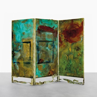 Helen Frankenthaler, Gateway, 1982–88 (verso) Recto: lost-wax bronze casting with applied patinas and 28-color intaglio print with etching, relief, and aquatint, with borders hand stenciled on three sheets; verso: 3 sandblasted bronze panels hand painted by the artist with a mixture of chemicals, pigments, and dyes; 81 × 107 × 4 ½ inches (205.7 × 271.8 × 11.4 cm); edition 6/12; cast at Tallix Foundry, Beacon, New York, printed and published at Tyler Graphics Ltd., Bedford Village, NY© 2018 Helen Frankenthaler Foundation, Inc./Artists Rights Society (ARS), New York/Tyler Graphics Ltd. 1987