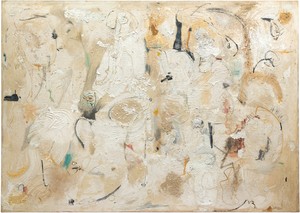 Helen Frankenthaler, Painted on 21st Street, 1950. Oil, sand, plaster of Paris, and coffee grounds on sized, primed canvas, 69 ⅛ × 97 inches (175.6 × 246.4 cm), Hirshhorn Museum and Sculpture Garden, Smithsonian Institution, Washington, DC © 2018 Helen Frankenthaler Foundation, Inc./Artists Rights Society (ARS), New York