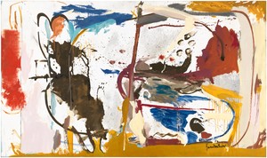 Helen Frankenthaler, First Creatures, 1959. Oil, enamel, charcoal, and pencil on sized, primed canvas, 64 ¾ × 111 inches (164.5 × 281.9 cm) © 2018 Helen Frankenthaler Foundation, Inc./Artists Rights Society (ARS), New York